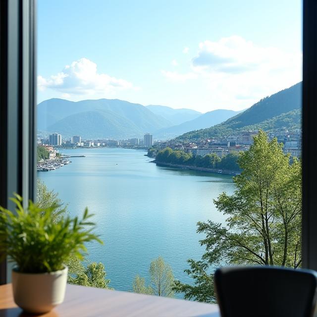 Blick aus einem Bürofenster auf den Zürichsee, symbolisiert den Standortvorteil.