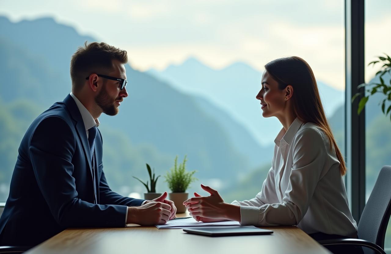 Ein Buchhaltungsexperte berät einen Kleinunternehmer in einem modernen Büro mit Blick auf die Schweizer Alpen.